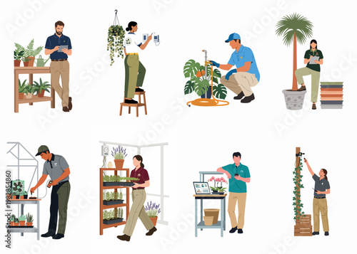 Set of professional horticulturists and gardeners performing diverse tasks in greenhouses and nurseries using modern technology and traditional plant care techniques.