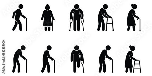 Elderly people stick figure icons set, senior citizens with walking aids and crutches, 10 disabled person vector silhouettes for healthcare