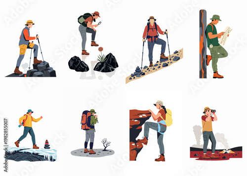 Vector illustration set of hikers and explorers engaged in outdoor activities like mountain climbing, trekking, map reading, and nature observation on white background.