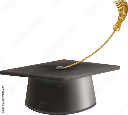 Graduates celebration. Flying black graduate hat with golden tassels. Set of 3d square academic caps from different angles. Vector illustration isolated on white background.
