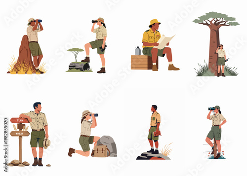 Collection of safari rangers and explorers in khaki uniforms, illustrated in various poses like using binoculars, reading maps, and observing wildlife in nature.