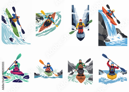 Collection of illustrations showing adventurous kayakers navigating through challenging whitewater rapids and over waterfalls in various scenic mountain river settings.