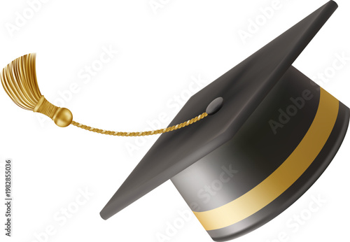 Graduates celebration. Flying black graduate hat with golden tassels. Set of 3d square academic caps from different angles. Vector illustration isolated on white background.