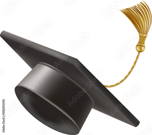 Graduates celebration. Flying black graduate hat with golden tassels. Set of 3d square academic caps from different angles. Vector illustration isolated on white background.