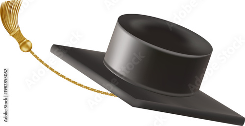 Graduates celebration. Flying black graduate hat with golden tassels. Set of 3d square academic caps from different angles. Vector illustration isolated on white background.
