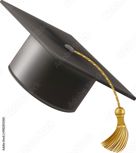 Graduates celebration. Flying black graduate hat with golden tassels. Set of 3d square academic caps from different angles. Vector illustration isolated on white background.