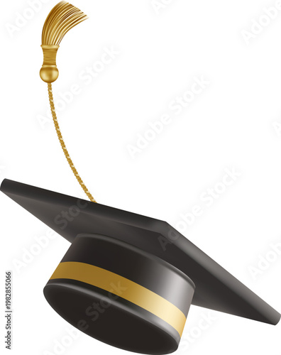 Graduates celebration. Flying black graduate hat with golden tassels. Set of 3d square academic caps from different angles. Vector illustration isolated on white background.