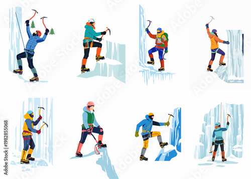 Set of flat illustrations of mountain climbers practicing ice climbing on frozen waterfalls and ice walls using specialized mountaineering equipment.