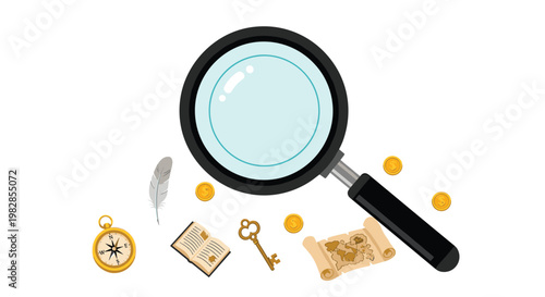 A central magnifying glass focuses on a collection of vintage exploration items including a golden compass and an old parchment map on a white surface.