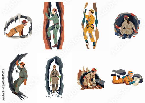 Vector illustration set of professional cavers exploring underground caves, crawling through tunnels, climbing rock walls, and using navigation equipment in specialized gear.