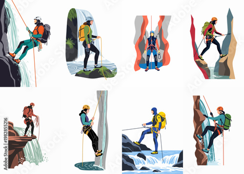 Flat vector illustrations of male and female adventurers engaged in canyoning activities, including rappelling down waterfalls, hiking through narrow canyons, and crossing rocky streams.