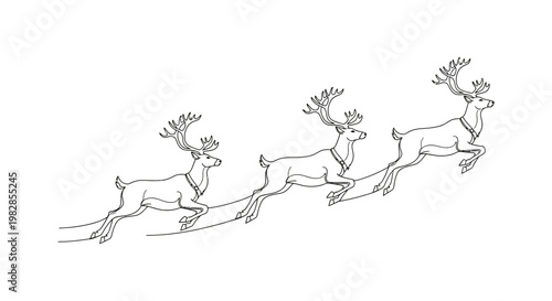 Three reindeer running across landscape line drawing