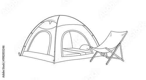 Camping tent and chair simple line drawing