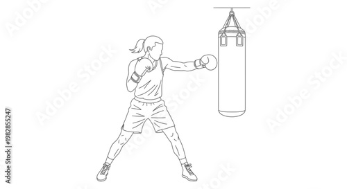 Female boxer training with punching bag line drawing