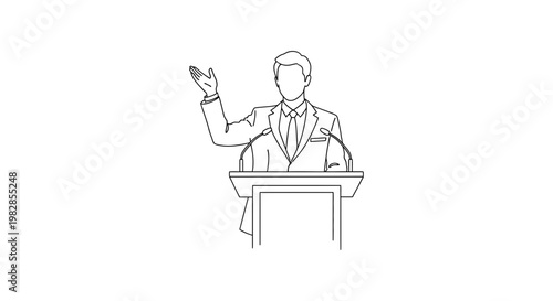 Politician speaking at podium line drawing