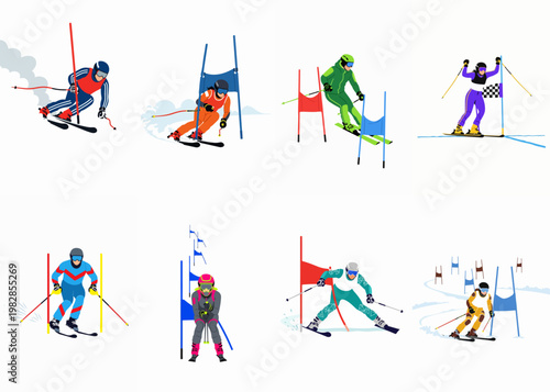 Set of colorful illustrations showing various alpine skiers racing through gates and celebrating at the finish line in a flat design style.