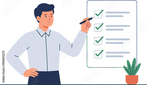 Man checks list on clipboard next to plant in office