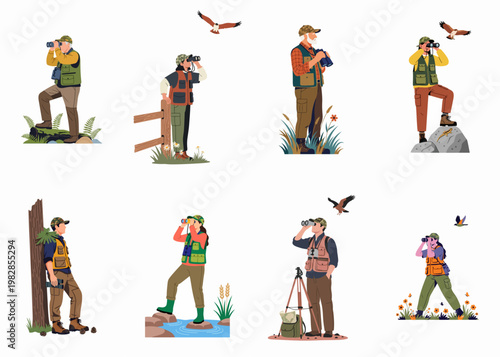 Flat vector illustration collection of diverse people birdwatching and observing wildlife with binoculars in various scenic outdoor environments