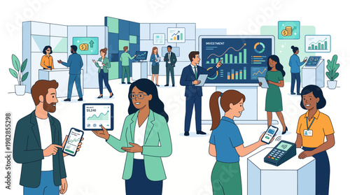 Illustration of people attending a financial festival with a focus on business and investment at the Jogja Expo Center event in Indonesia.