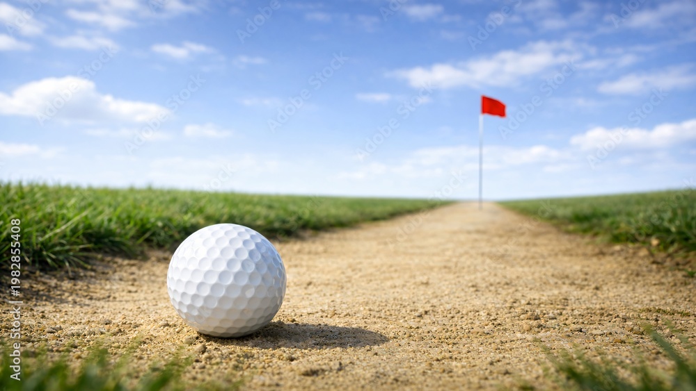 Obraz premium Golf ball on a dirt path leading to a hole with a red flag