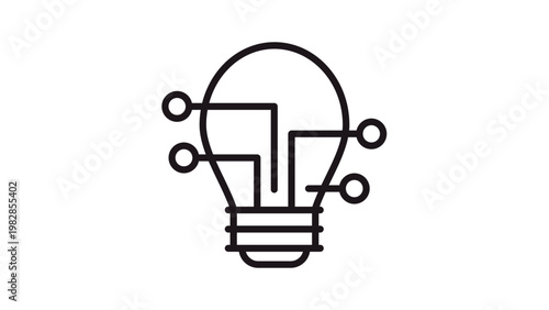 Tableau sur toile Minimalist black vector icon of a light bulb integrated with circuit board lines and nodes, representing digital innovation, artificial intelligence, creative technology, and smart connectivity
