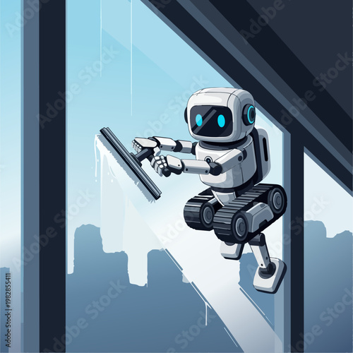 An adorable, wall-climbing window cleaning robot moving across a large glass pane, squeegee in motion, with a blurry city view outside. Dynamic vector perspective, bright colors, innovative technology