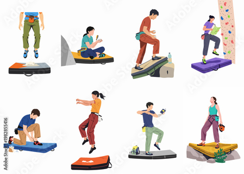 Vector illustrations of various bouldering and rock climbing activities featuring men and women with essential gear like crash pads and chalk.