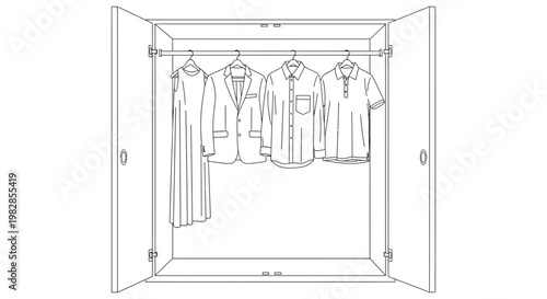 Open wardrobe with hanging clothes illustration line art