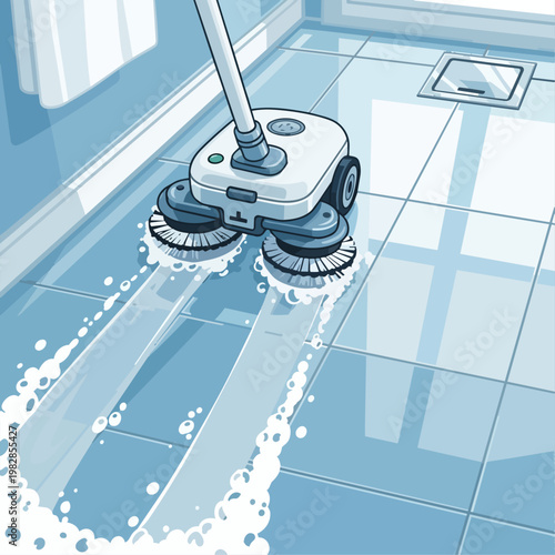 A compact, specialized robot with scrub-brush attachments cleaning a tile bathroom floor, leaving a shiny trail of water and suds. Fun vector style, bright and clean, focus on effiency and cleanliness