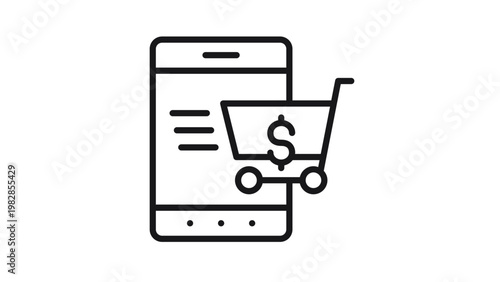 Mobile e-commerce vector icon illustration featuring a smartphone with a shopping cart and dollar sign symbol, representing online shopping, digital payments, and m-commerce in a minimalist black