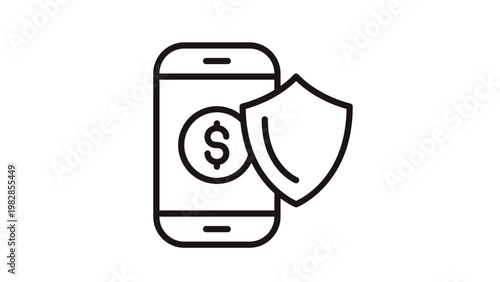 Secure mobile payment vector icon, smartphone with dollar sign and protective shield illustration, financial data protection and safe online banking transaction symbol for apps and web design.
