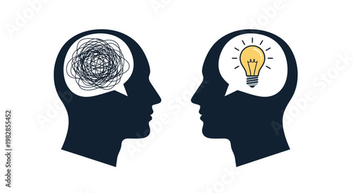 Two heads silhouette showing confused and clear ideas illustration