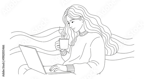 Woman working on laptop with coffee illustration