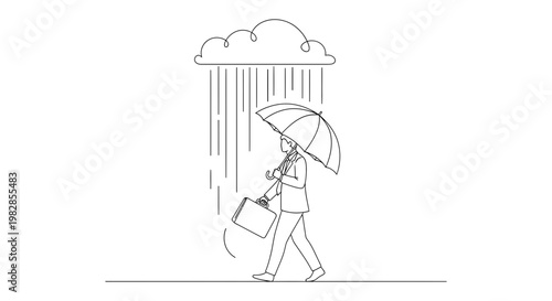 Businesswoman with umbrella walking in rain carrying briefcase illustration