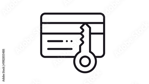 Foto Secure credit card payment vector icon illustration featuring a minimalist black line art design of a payment card with a key symbol, representing data protection, privacy, and financial safety