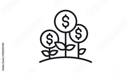 Minimalist black line vector icon illustration of money plants growing from the ground with dollar signs, symbolizing financial growth, investment success, wealth accumulation, and profit.