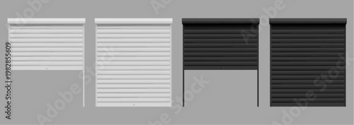 Modern black white metal shutter, closed and half open, vector illustration isolated on transparent background. Realistic 3D roller blind for shop, garage or warehouse door, industrial exterior