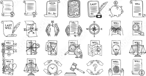 Estate Planning and Inheritance Legal Documents Black and White Line Art Icons Set. Hand Drawn Sketch Collection of Last Will, Testament, Family Law,