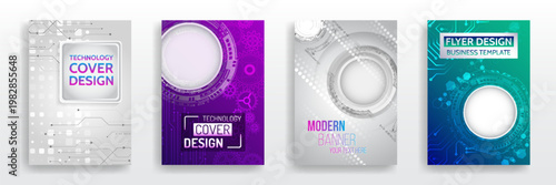 Set of modern technology cover templates with futuristic elements, circular frames, and digital patterns in various color styles, ideal for business, presentations, and creative design.
