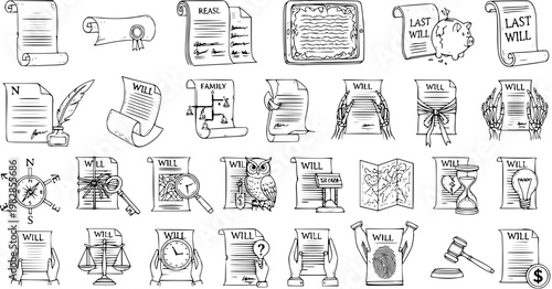 Black  White Line Art Will and Last Will Document Icons Set for Legal Services and Estate Planning. Hand-Drawn Sketch Collection of Inheritance, Testament, and Family Law Doodles.