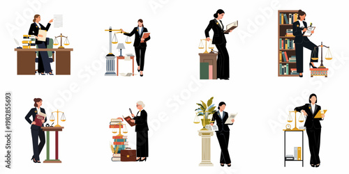 Set of illustrations depicting professional female lawyers and judges in various office settings with legal symbols like scales of justice and law books.