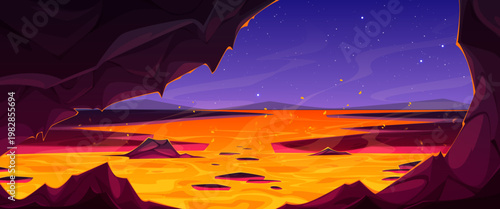 Cartoon lava cave background with flowing magma. Vector illustration of rocky underground hell landscape, burning hot volcanic liquid, night sky with stars, fantasy adventure game scene backdrop