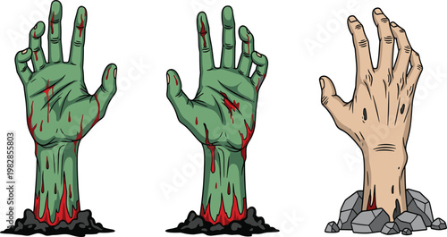 Zombie Hands Rising from Ground Illustration Set Featuring Bloody Undead Arms, Creepy Horror Elements, and Scary Halloween Scenes in Detailed Vector Style.