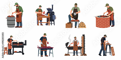 Set of illustrations featuring male pitmasters and chefs grilling and smoking ribs on various types of barbecue equipment and smokers.