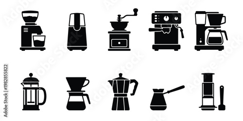 Professional coffee brewing equipment icons, set of 10 black vector silhouettes, espresso machine and coffee grinder illustrations for cafe branding