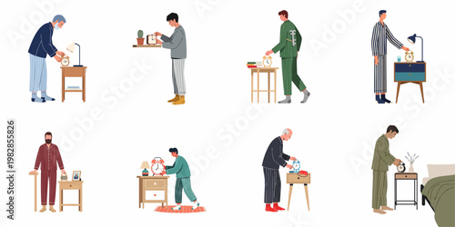 Collection of various men in pajamas setting alarm clocks on nightstands, illustrating bedtime routines and morning preparations.