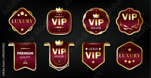 Premium red gold ribbon labels, luxury emblems, realistic vector icons isolated on black background. Elegant golden banners, tags for VIP awards, certificates, exclusive promotions, seal badge frames