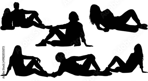 Five silhouettes of people in relaxed sitting and lying poses on a flat surface isolated on transparent background, Vector