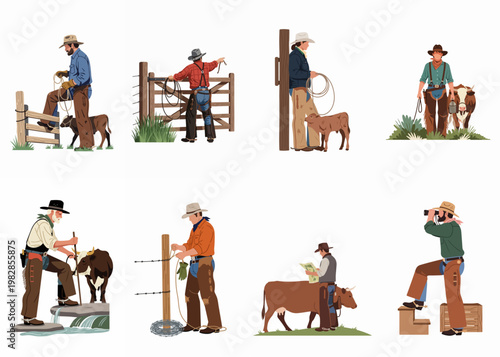 Set of diverse illustrations featuring cowboys and ranch workers engaged in various agricultural tasks like livestock management and fence repair on a ranch.