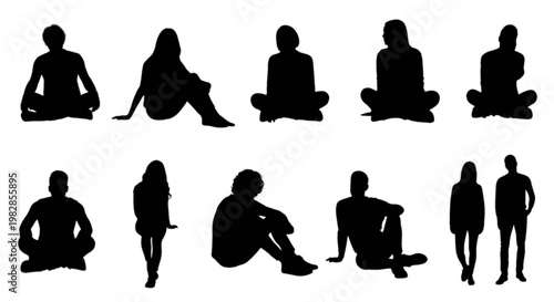 Silhouettes of people in various sitting and standing poses isolated on transparent background, Vector